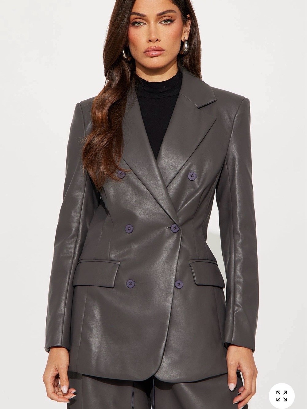 Double-Breasted Faux Leather Blazer Jacket - Gray